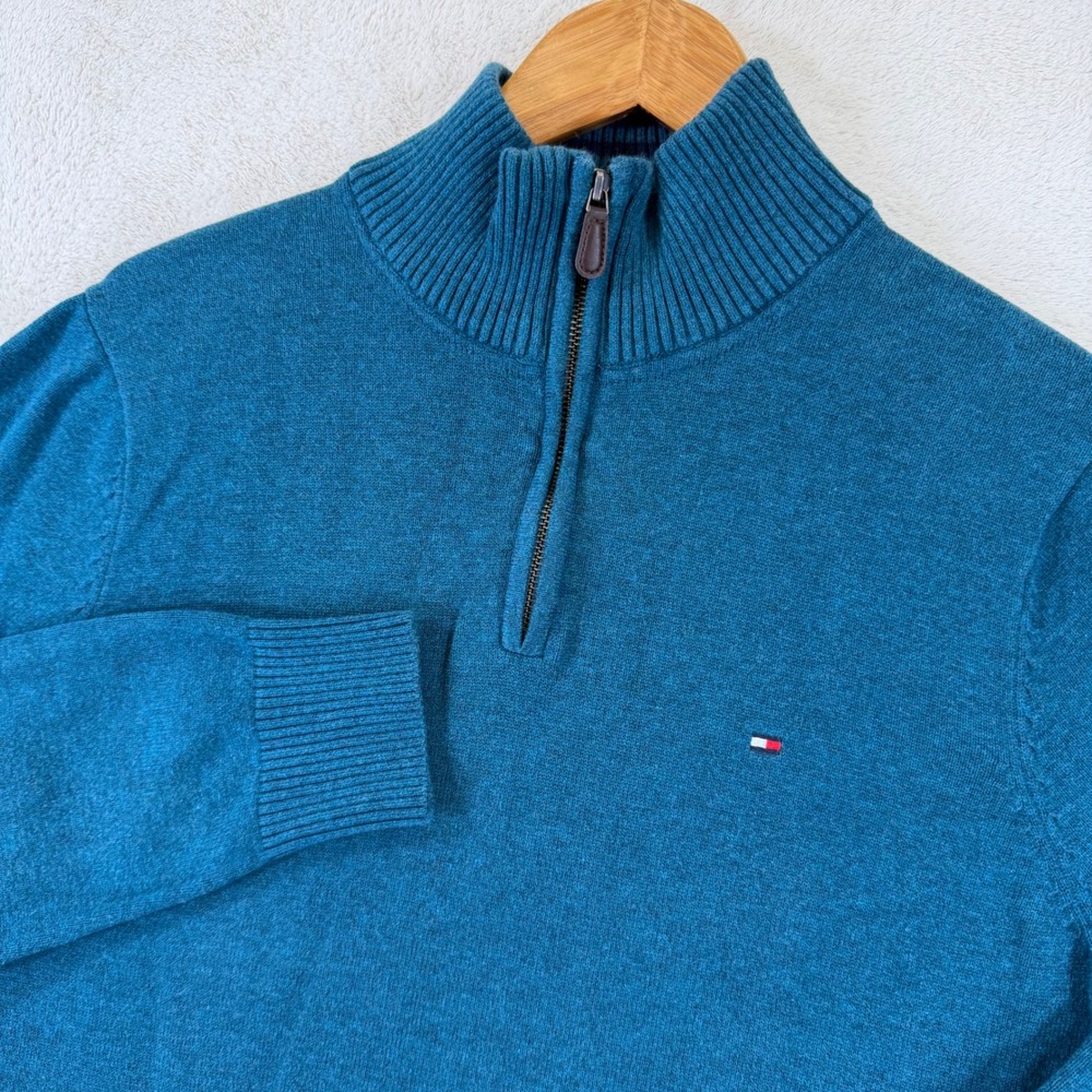 Tommy Hilfiger Mens Teal Blue Heather 1/4 Zip Cotton Pullover Sweater L
